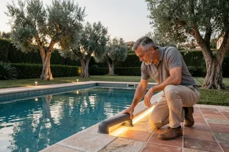 Homme installant un éclairage LED encastré autour d'une piscine privée en pierre au crépuscule dans un jardin méditerranéen