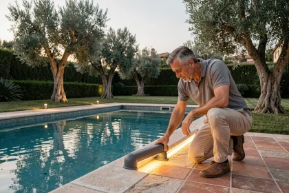 Homme installant un éclairage LED encastré autour d'une piscine privée en pierre au crépuscule dans un jardin méditerranéen