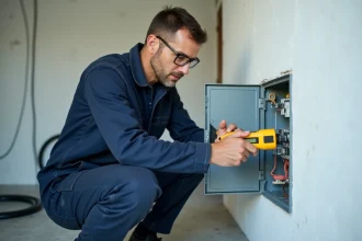 Électricien testant la mise à la terre d'une installation neuve avec un testeur de prise dans une pièce en cours de rénovation