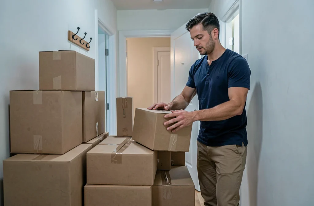 Homme empilant des cartons de déménagement de différentes tailles dans un couloir d'appartement