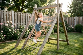Fillette jouant sur une structure en bois sécurisée dans un jardin résidentiel avec filet de protection