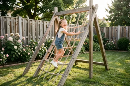 Fillette jouant sur une structure en bois sécurisée dans un jardin résidentiel avec filet de protection
