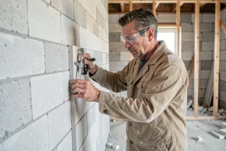 Ouvrier mesurant l'épaisseur d'un panneau de placo isolant sur un chantier de rénovation intérieure