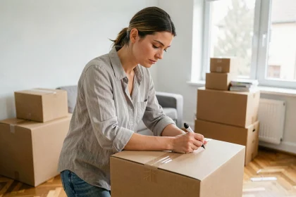 Femme étiquetant des cartons de déménagement dans un appartement avec parquet en bois pour organiser son installation