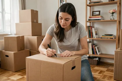 Femme qui étiquette des cartons de déménagement dans un salon en cours de vidage