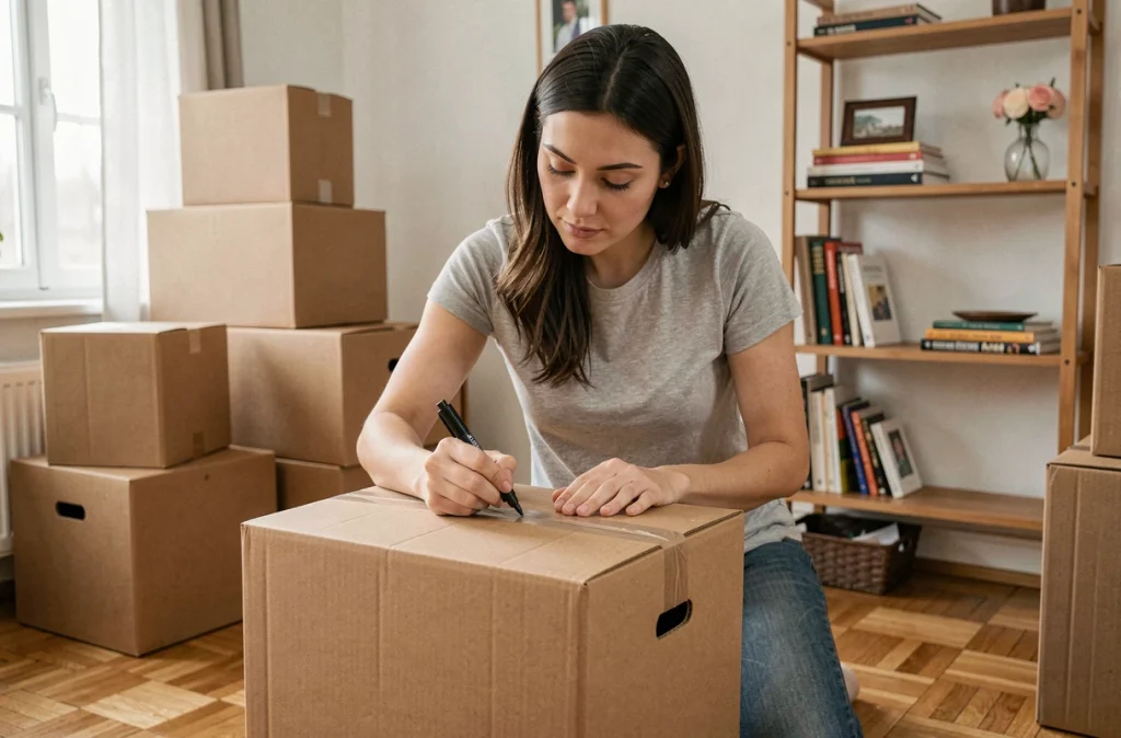 Femme qui étiquette des cartons de déménagement dans un salon en cours de vidage