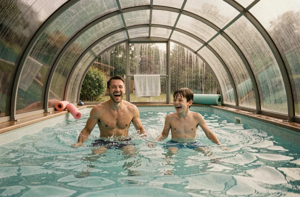 Père et fils nageant sous un abri de piscine fermé pendant une journée pluvieuse