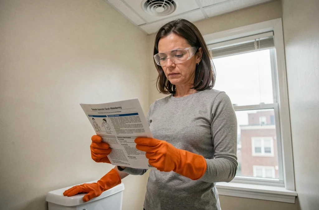 Femme lisant les consignes de sécurité avant d'utiliser de l'acide chlorhydrique pour déboucher des toilettes