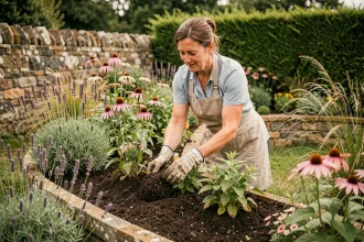 Jardinière composant un massif fleuri avec des vivaces colorées devant un mur en pierre