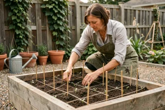 Femme jardinant dans un potager en carré en bois avec des semis et une grille en ficelle