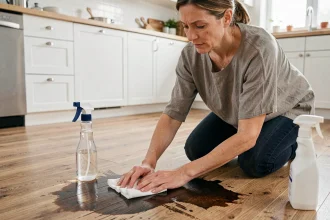 Femme nettoyant une tache tenace sur un parquet stratifié avec un chiffon microfibre et un nettoyant adapté