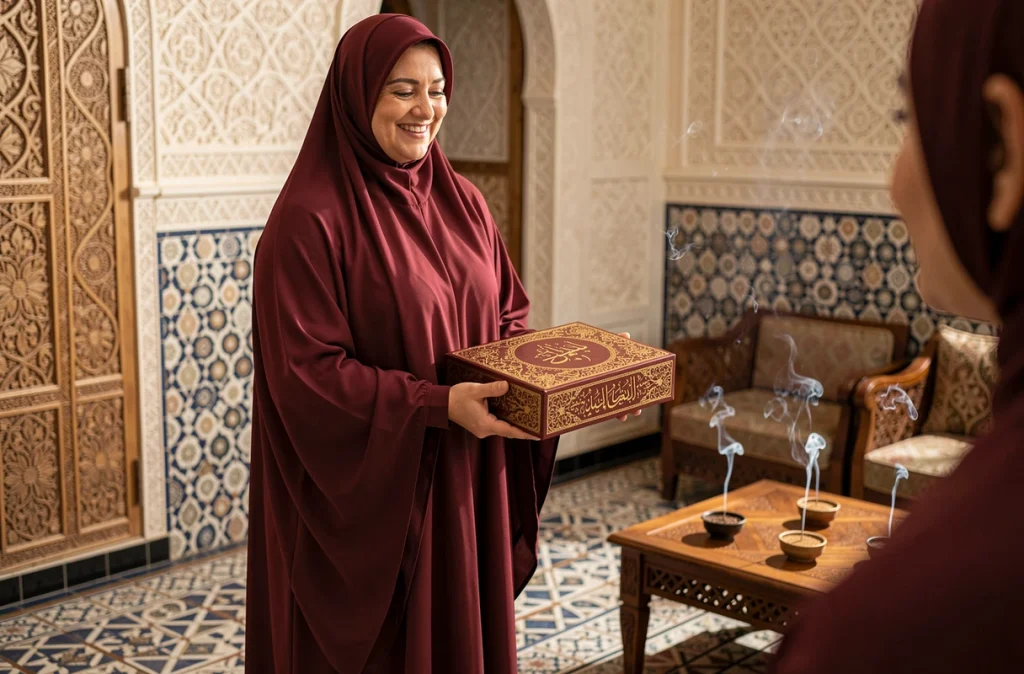 Femme en abaya tenant un coffret d'encens arabe dans un salon oriental décoré