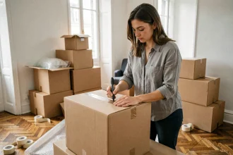 Femme préparant des cartons étiquetés dans un appartement parisien lors d'un déménagement en ville