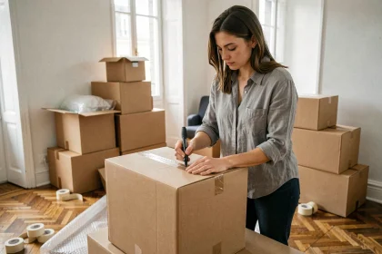 Femme préparant des cartons étiquetés dans un appartement parisien lors d'un déménagement en ville