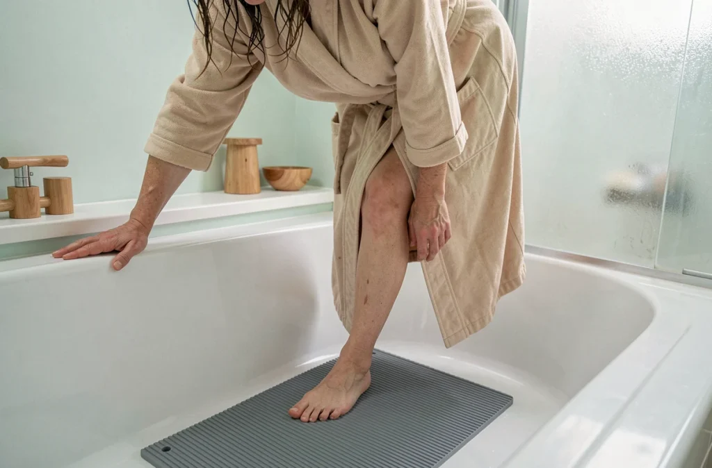 Femme utilisant un tapis antidérapant dans sa baignoire pour éviter les glissades, vue de côté en situation réelle