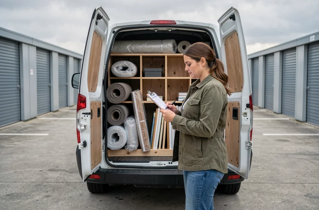 Femme consultant une liste devant un utilitaire chargé de meubles dans un parking de garde-meubles, pour illustrer la planification du transport de mobilier
