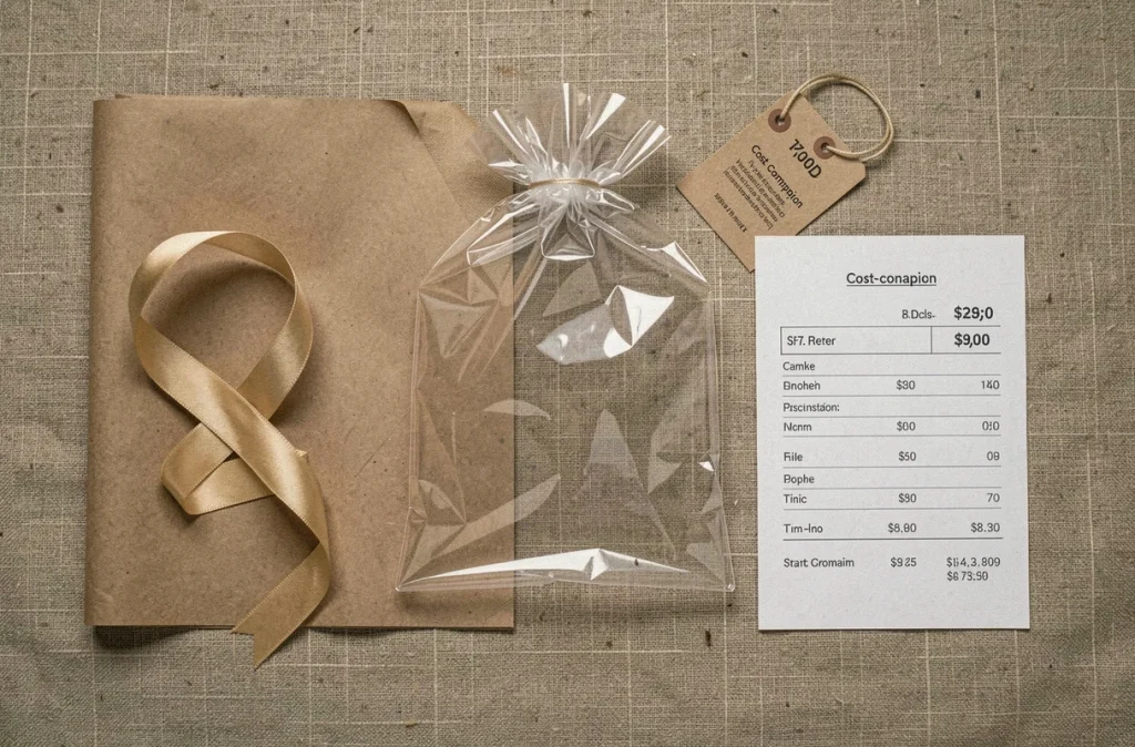 Vue de dessus d'un sac cadeau transparent entouré de ses accessoires et d'une fiche de coût comparative sur fond lin naturel