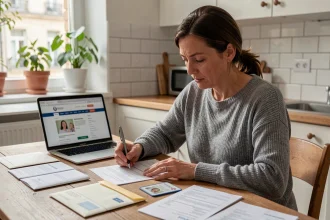 Femme remplissant des formulaires administratifs lors d'un changement d'adresse dans une cuisine moderne