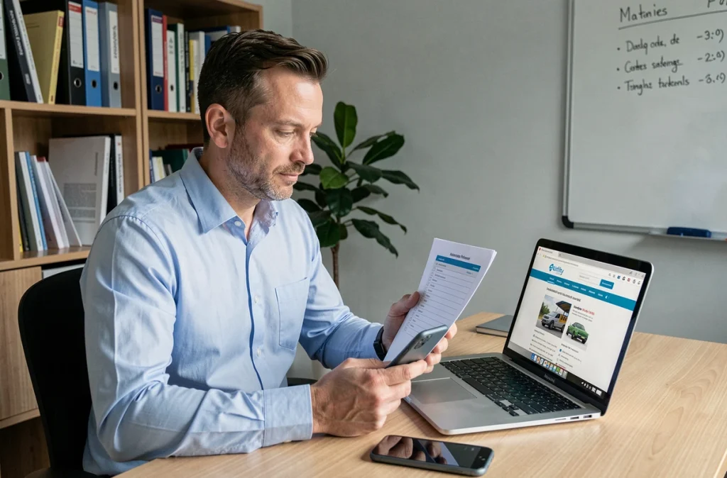 Homme gérant le transfert de ses abonnements en ligne depuis son bureau à domicile avec un ordinateur portable et une liste de contrôle imprimée