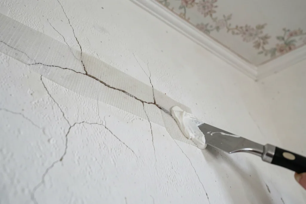 Gros plan sur une fissure au plafond en plâtre avec bande de renfort en fibre de verre et enduit de jointoiement appliqué