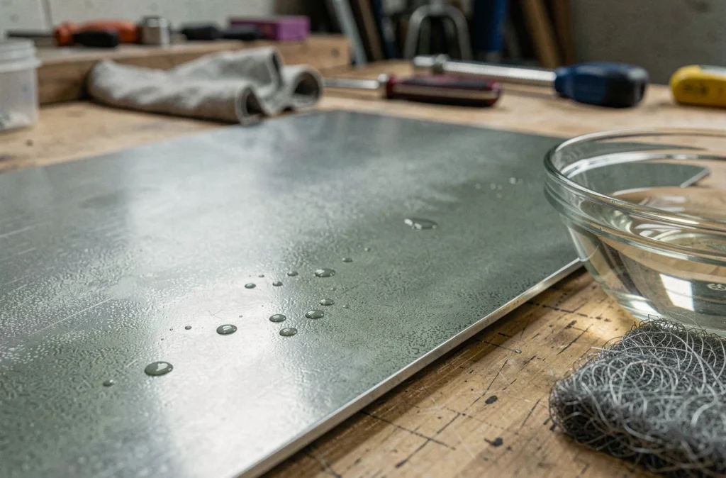 Gros plan sur une surface de zinc en cours de patination montrant la transition entre métal brut et patine uniforme