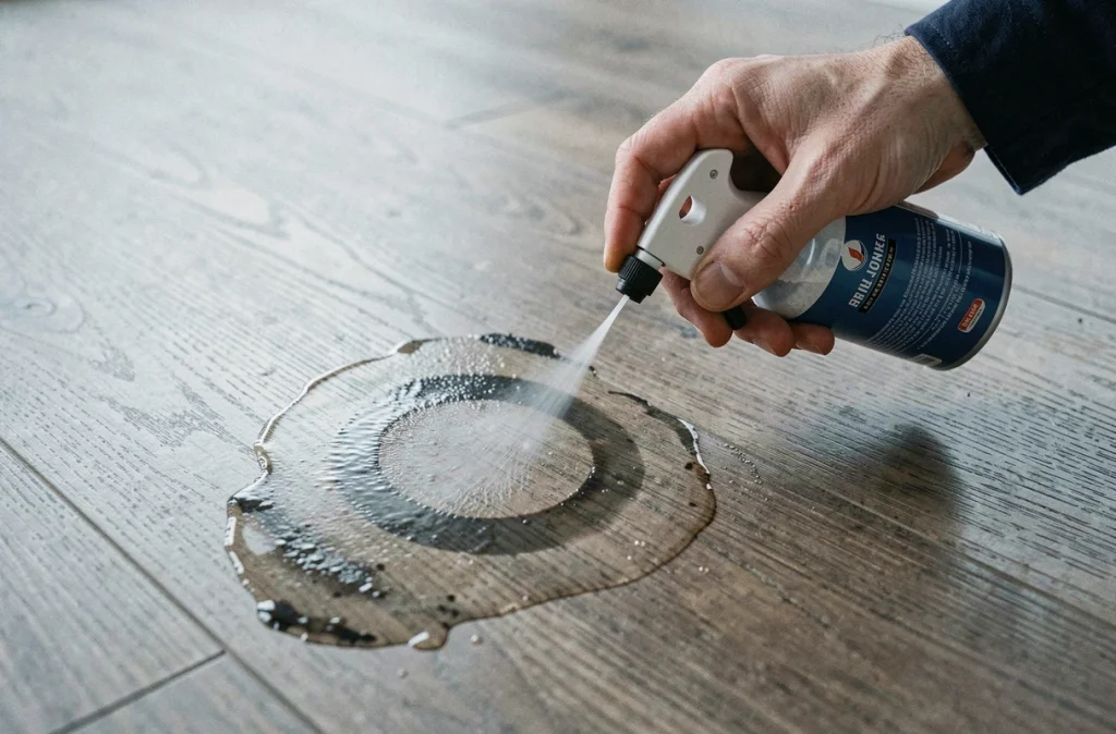 Gros plan d'une tache tenace sur parquet stratifié traitée avec un nettoyant spécialisé en spray