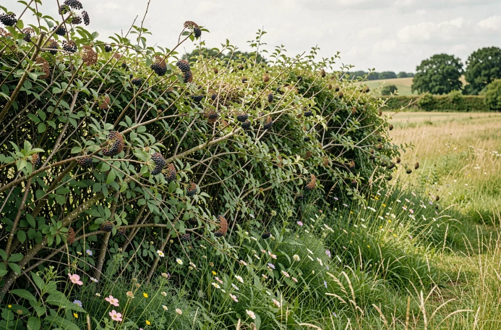 Haie champêtre dense et diversifiée en pleine campagne, composée d'aubépine, de sureau et de cornouiller favorisant la faune sauvage