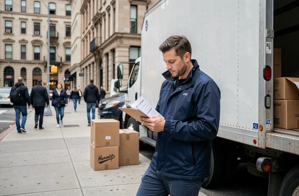 Homme consultant des documents administratifs devant un camion de déménagement dans une rue urbaine
