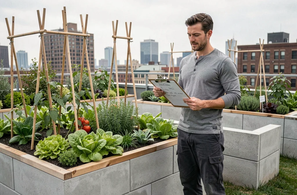 Homme consultant un plan de potager en carré sur un toit urbain avec des légumes en pleine croissance