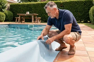 Homme inspectant le liner d'une piscine résidentielle extérieure en bord de bassin