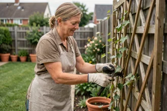 Femme installant une clôture végétale avec du lierre sur un treillis en bois dans un jardin résidentiel