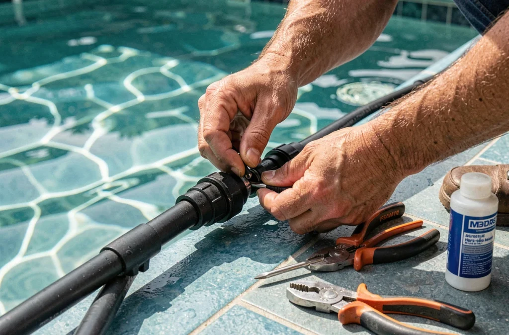 Électricien connectant un projecteur subaquatique étanche sur la paroi d'une piscine privée lors d'une installation électrique extérieure