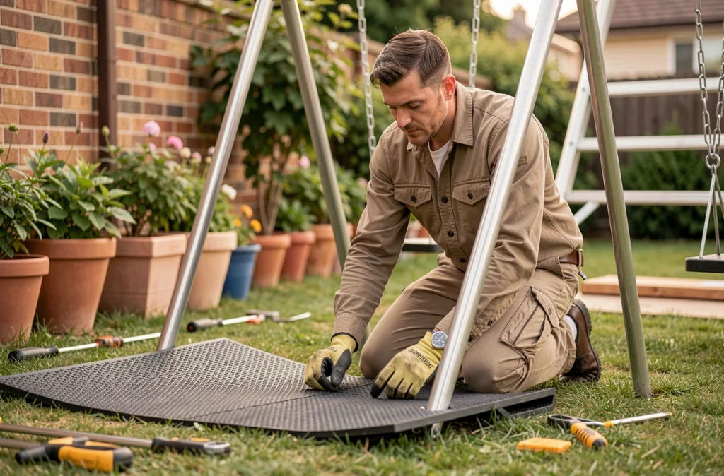 Père installant un tapis de sécurité amortissant sous une balançoire dans un jardin familial