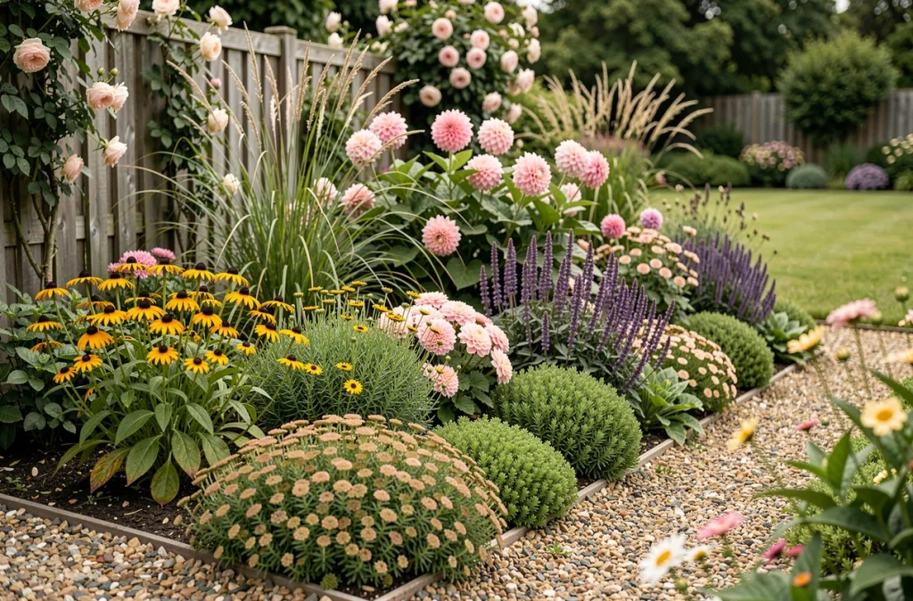 Massif fleuri en bordure de jardin avec des plantes en différentes hauteurs pour une floraison continue