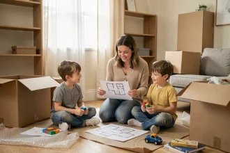 Mère expliquant le déménagement à ses enfants entourés de cartons ouverts dans le salon
