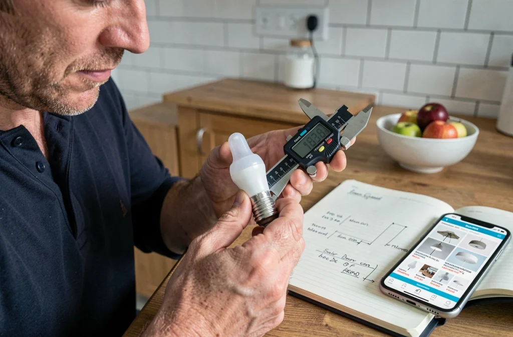 Homme utilisant un pied à coulisse numérique pour mesurer le diamètre du culot d'une ampoule LED à côté d'un carnet de notes et d'un smartphone