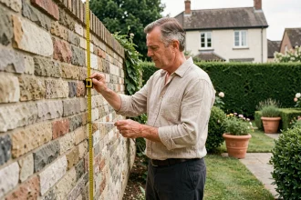 Homme mesurant la hauteur d'un mur mitoyen en pierre dans un jardin résidentiel français