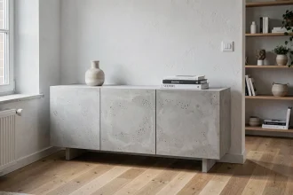 Meuble bas en béton cellulaire dans un salon scandinave moderne avec parquet chêne et décoration minimaliste