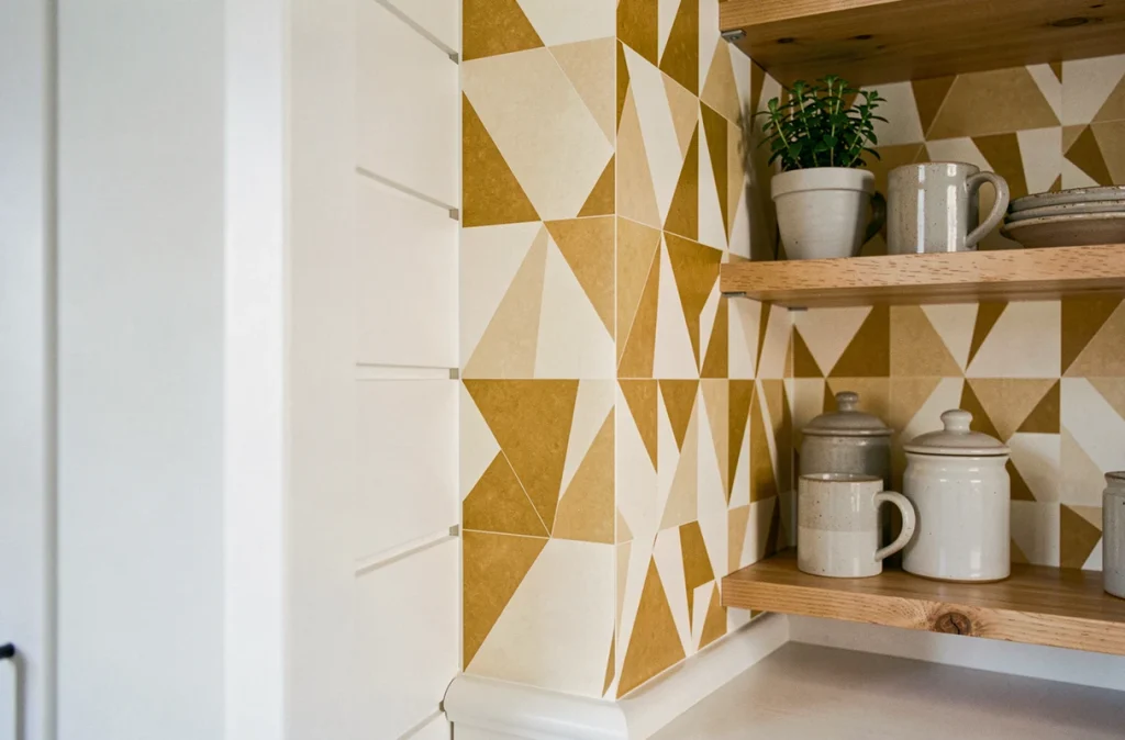 Niche de cuisine blanche décorée d'une tapisserie lavable géométrique jaune moutarde avec étagères en bois et poterie artisanale