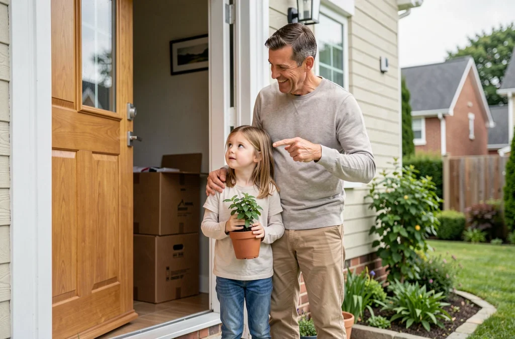 Père et fille sur le seuil de leur nouvelle maison lors d'un emménagement en famille