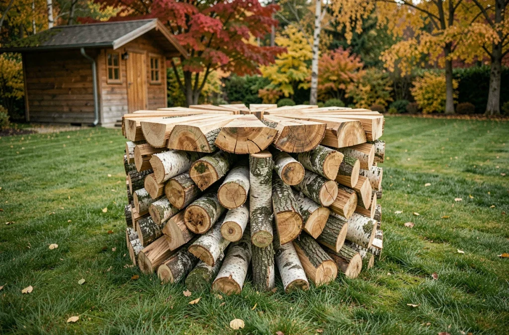 Pile de bûches circulaire de style scandinave disposée comme élément décoratif sur une pelouse de jardin avec un feuillage automnal coloré en arrière-plan