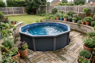 Petite piscine hors sol ronde installée dans un jardin de ville avec terrasse en bois et plantes en pot