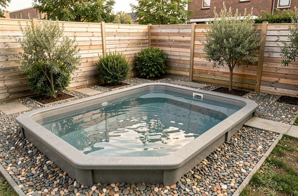 Piscine hors sol rectangulaire grise dans un jardin urbain compact aménagé avec gravier et brise-vue en bois