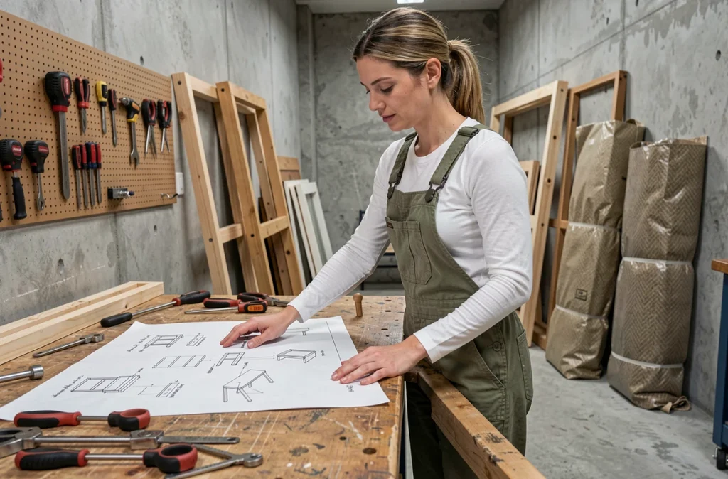 Femme consultant un plan de démontage de meubles dans un garage avec des panneaux emballés dans des couvertures de déménagement