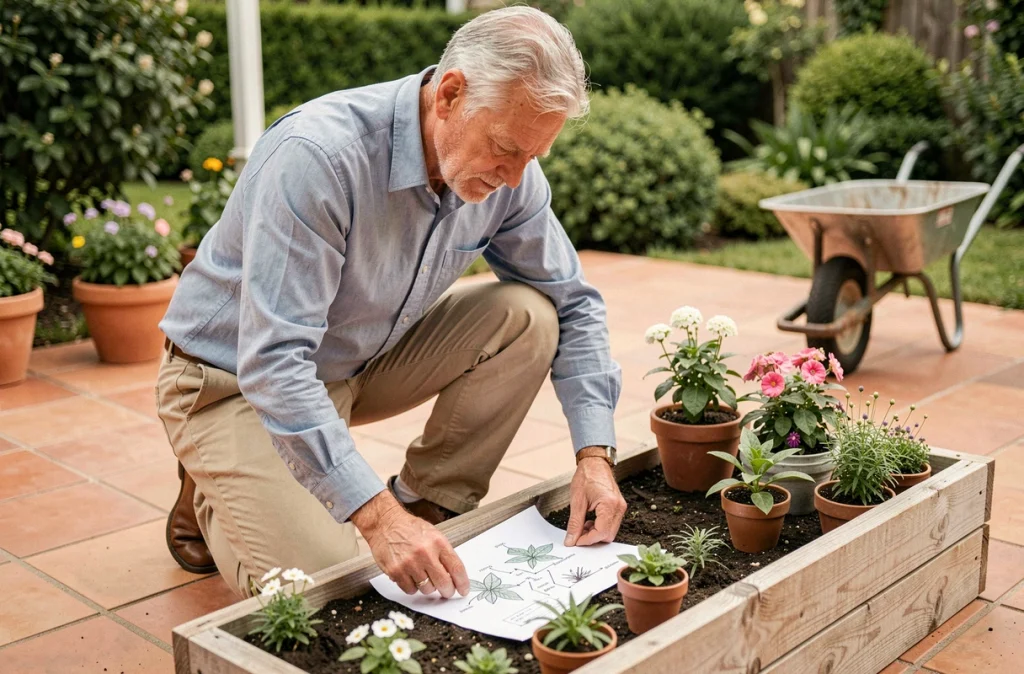 Jardinier planifiant la composition d'un massif fleuri avec un plan de plantation dessiné à la main