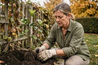 Femme plantant un jeune aubépine dans un jardin rural en automne pour créer une haie champêtre favorable à la biodiversité