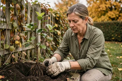Femme plantant un jeune aubépine dans un jardin rural en automne pour créer une haie champêtre favorable à la biodiversité