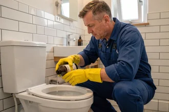 Plombier avec gants de protection versant de l'acide chlorhydrique dans les toilettes de manière sécurisée