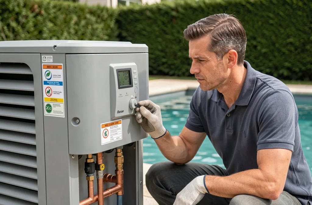 Technicien vérifiant le panneau de contrôle d'une pompe à chaleur écologique installée au bord d'une piscine résidentielle