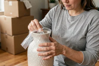 Femme emballant soigneusement un vase fragile avec du papier bulle avant un déménagement